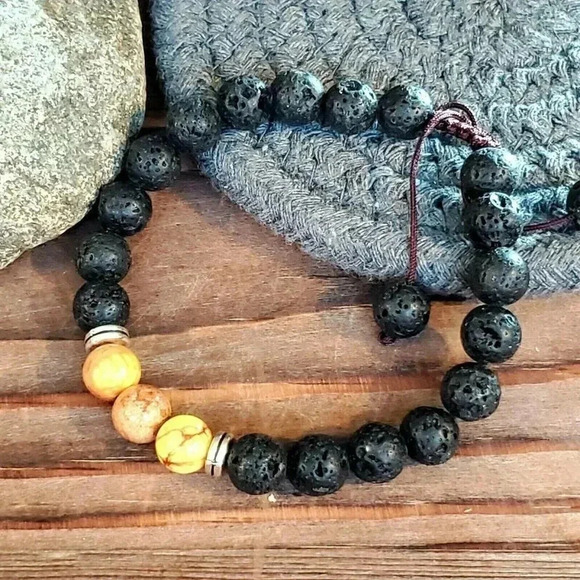 Handcrafted Chakra Bracelet Yellow Aqua Terra Jasper Black Lava - Picture 1 of 8